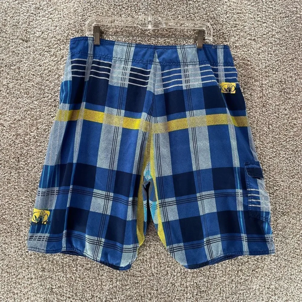 Body Glove Shorts Mens 36 Blue Yellow Plaid Board Shorts Pockets Swimwear Surf‎